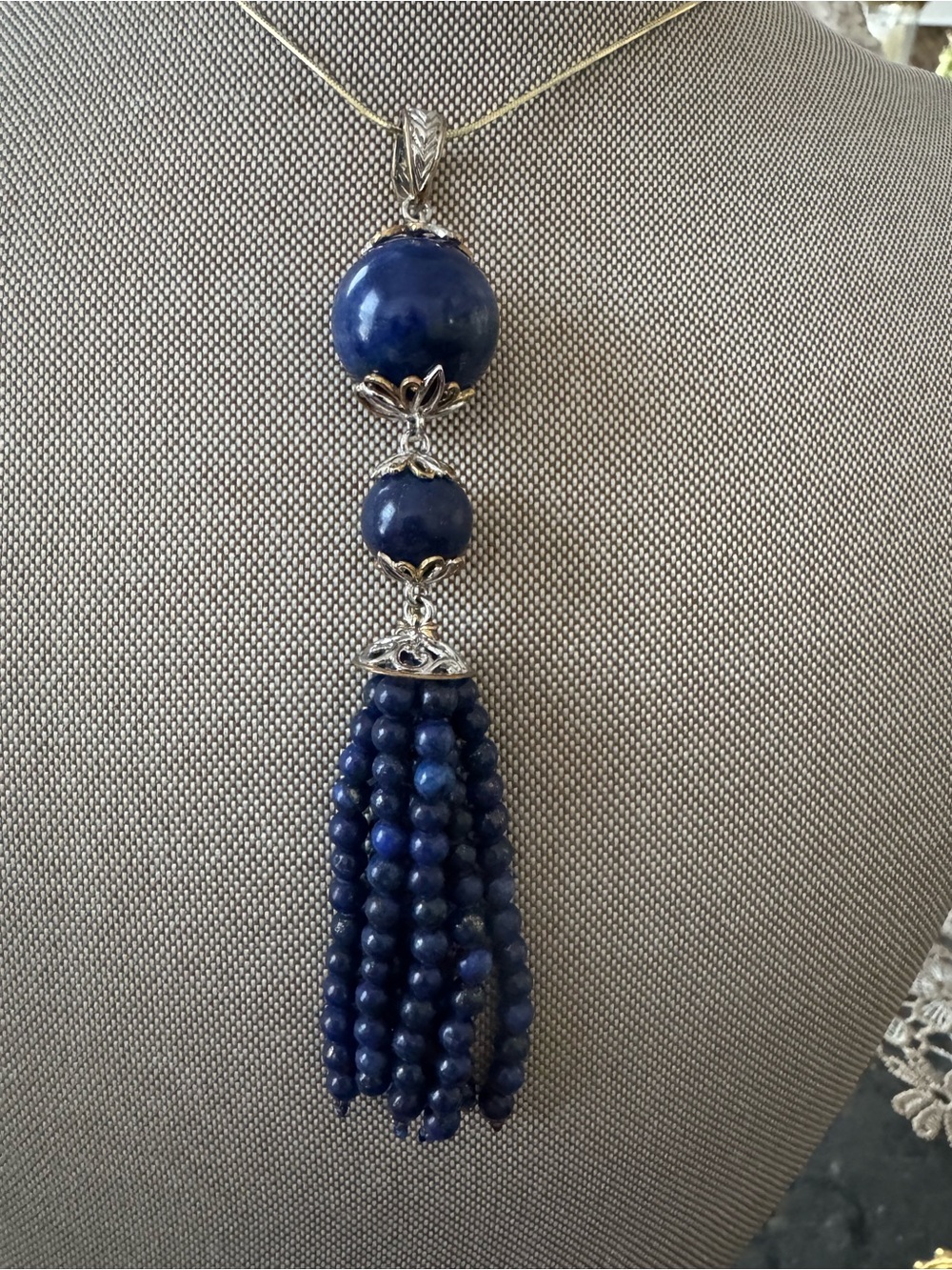 Gems En Vogue Michael Valitutti Silver N 24K Lapis Beaded Tassel Pendant 4 1/2”